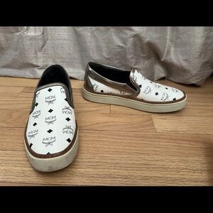 MCM Munchen 36 US 6 White Black Logo Slip-On Sneakers shoes flat loafer